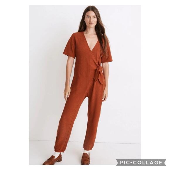 NEW Madewell Orange V-Neck Short Sleeve Textured Knit Tie Knot Jumpsuit XS - Picture 1 of 7